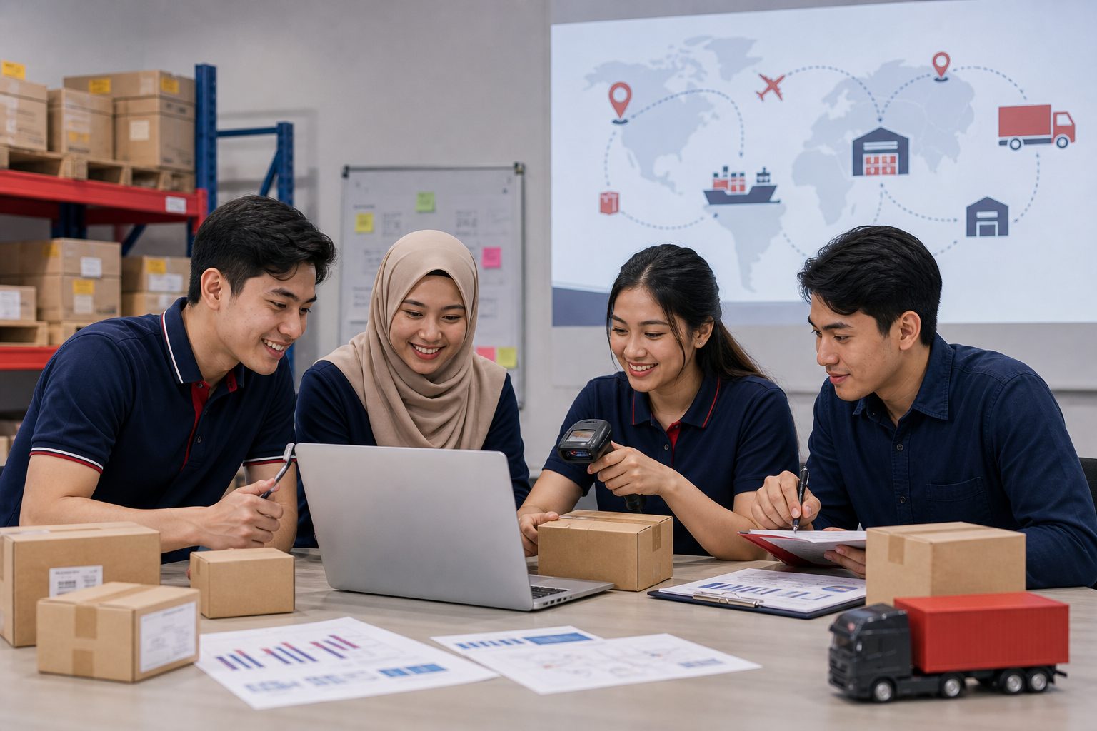 Pelajar logistik belajar operasi rantaian bekalan